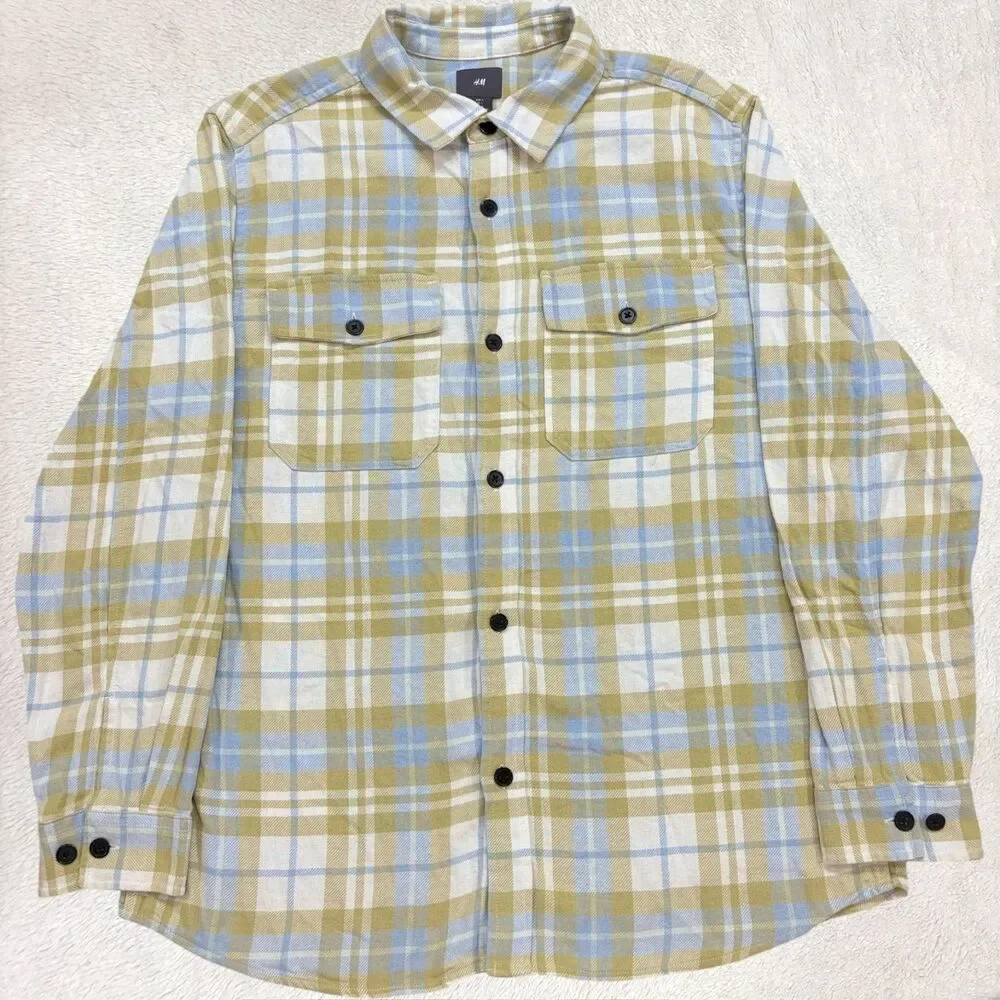 H&M Plaid Flannel Button Down Shirt Mens Large Green White Workwear Long Sleeve